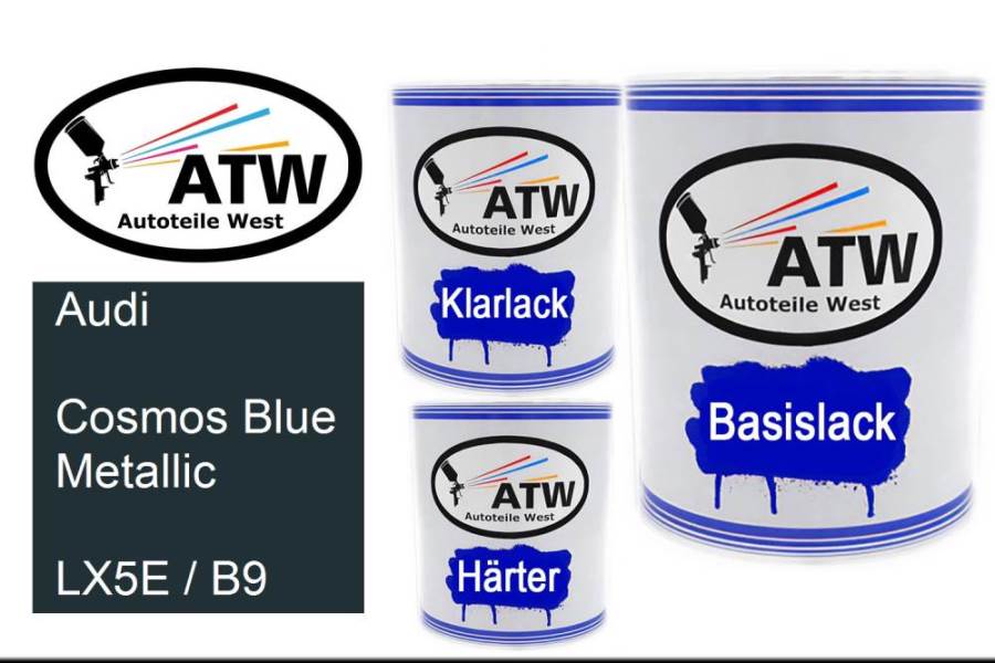 Audi, Cosmos Blue Metallic, LX5E / B9: 1L Lackdose + 1L Klarlack + 500ml Härter - Set, von ATW Autoteile West.